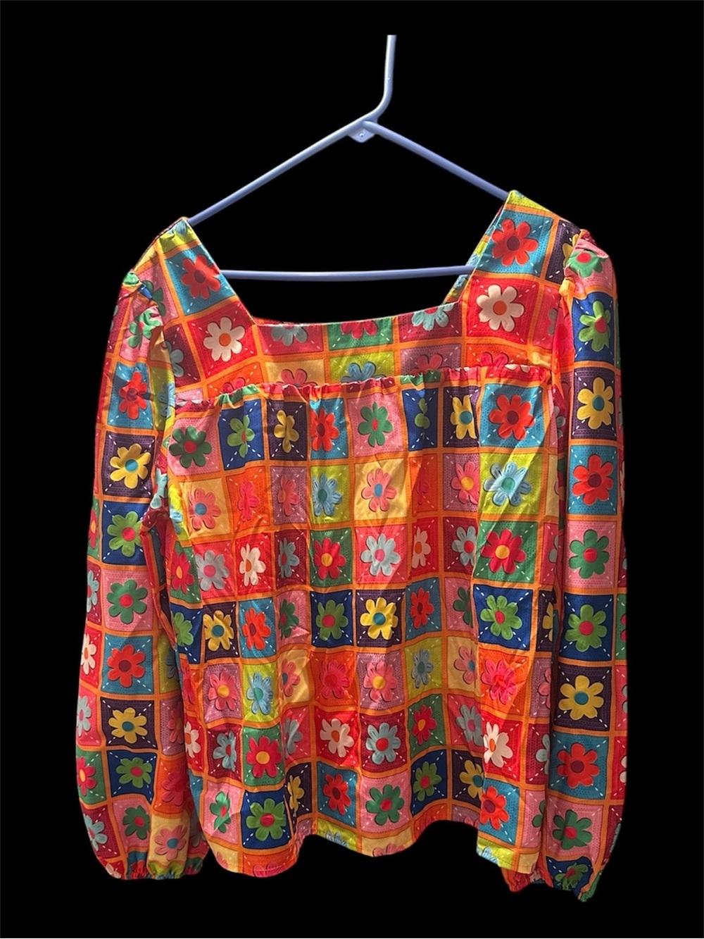 Colorful Floral Patchwork Square-Neck Blouse - Multi - Picture 6 of 6
